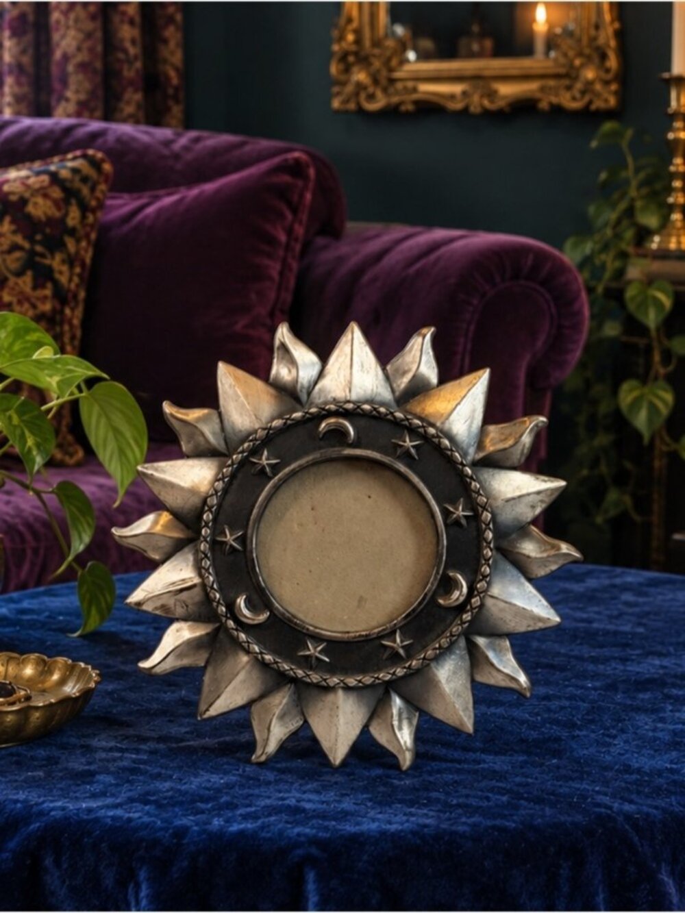 Vintage 90s Celestial Sun Moon Stars Silver Tone Photo Picture Frame whimsigoth